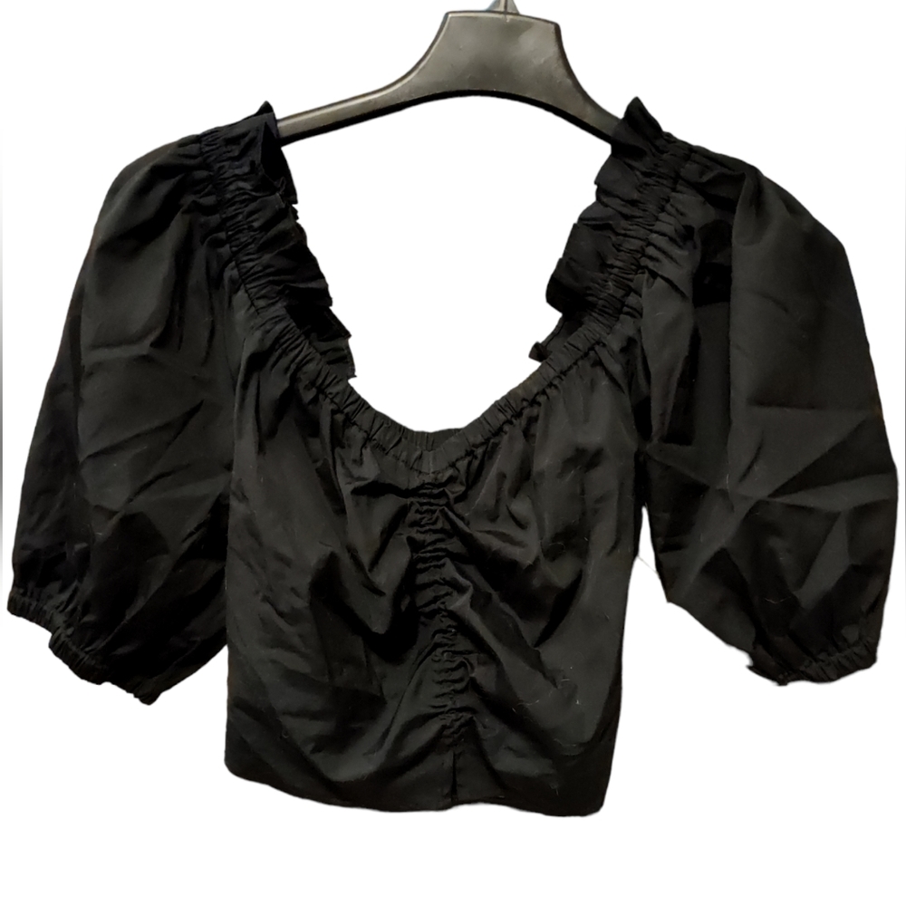 Open Edit Women's Puff Sleeve Crop Top In Black  Sz Med